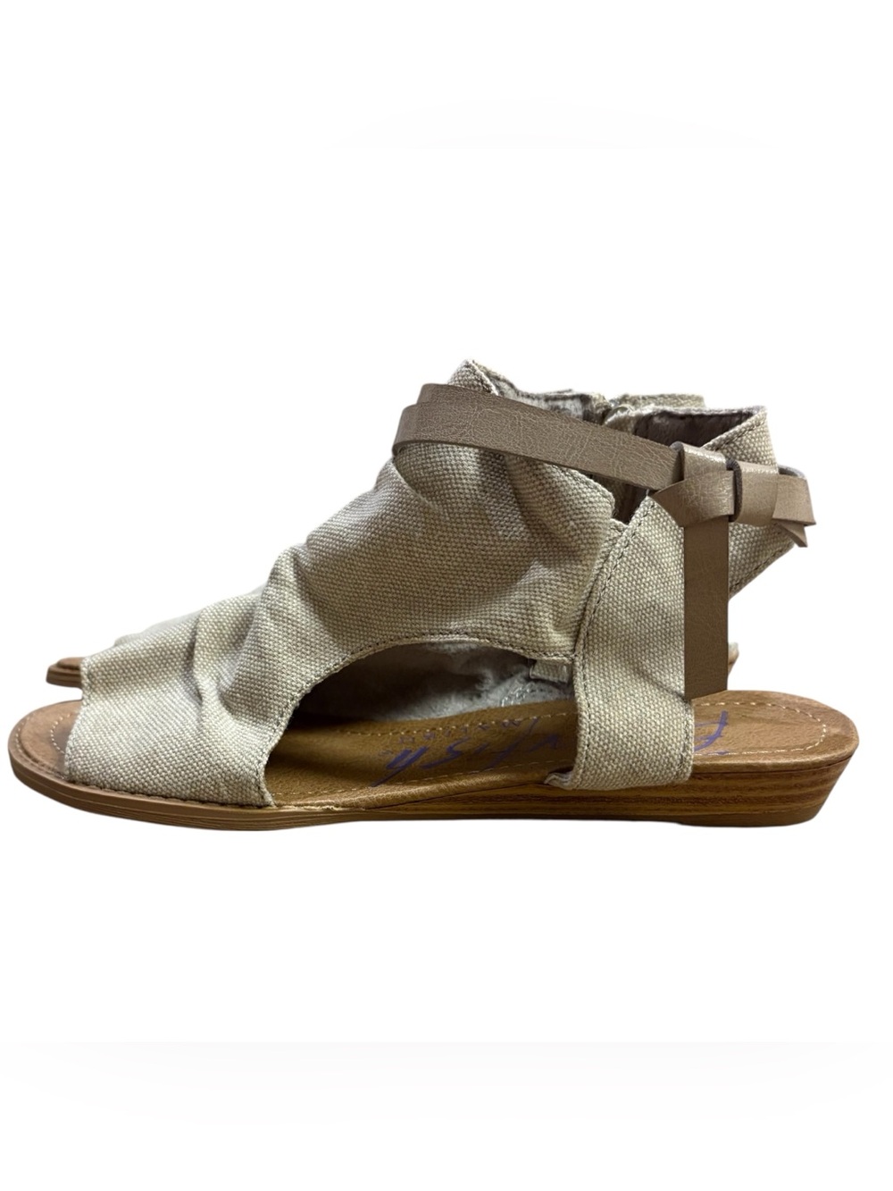 New Blowfish Malibu Wedge Sandal Size 7.5 Beige Taupe Canvas Strap